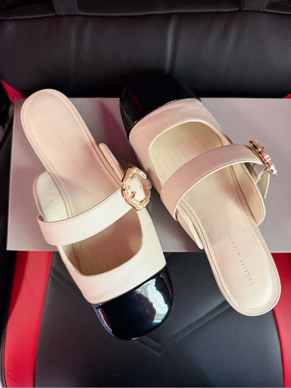Charles & Keith Two-Tone Cream and Black Slip-On Mary Jane Mules